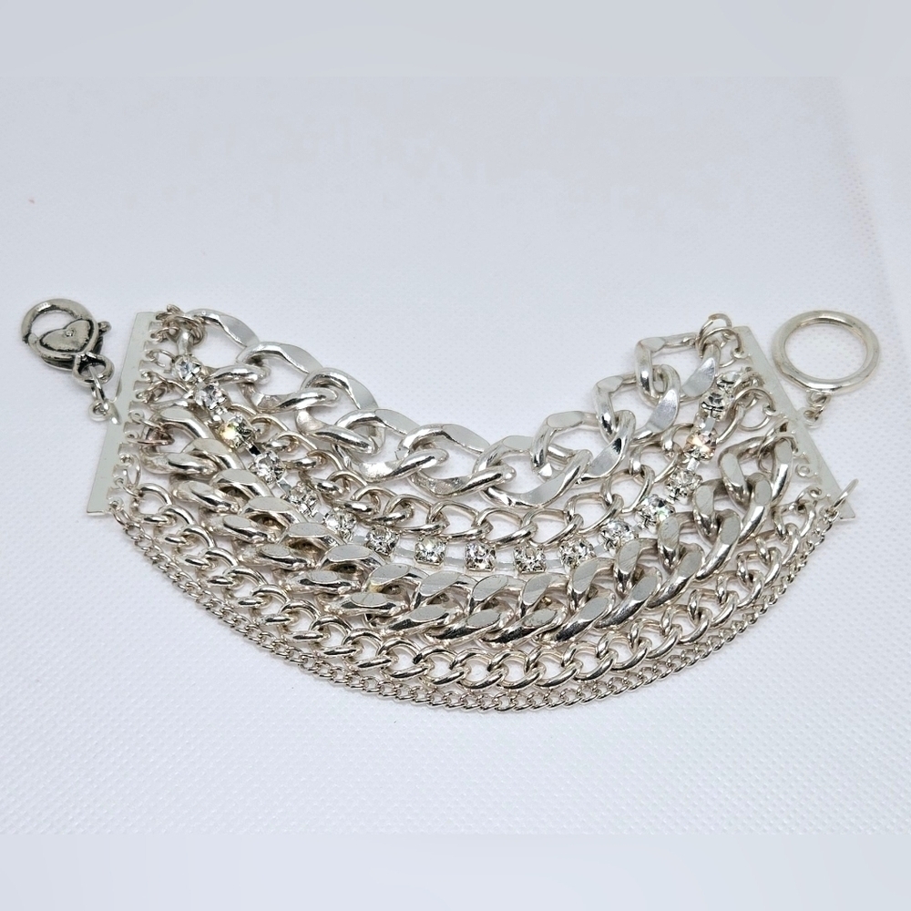 Silver Multi Strand Chain Bracelet Rhinestone Chunky Statement - Picture 2 of 6